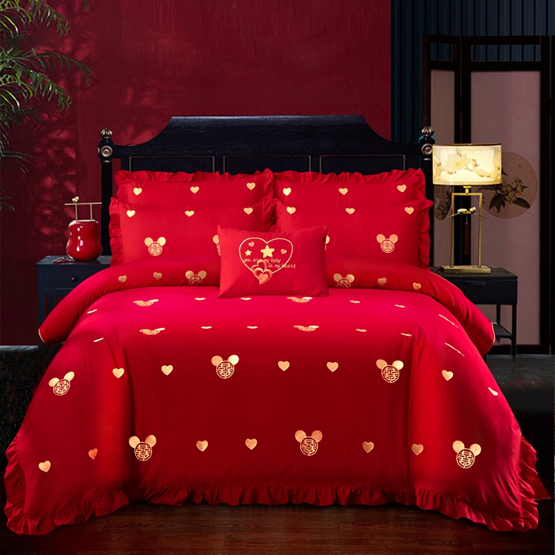 新款婚庆磨毛四件套大红色刺绣结婚六件套床上用品 1.8m床单款四件套 喜笑颜开
