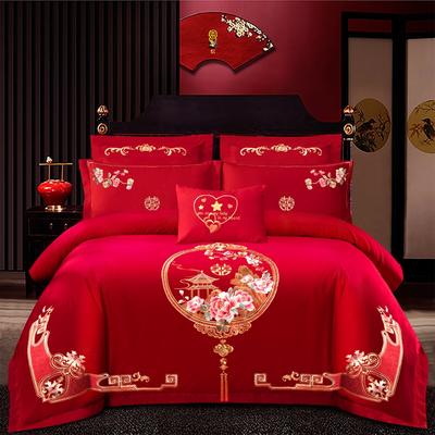 新款婚庆磨毛四件套大红色刺绣结婚六件套床上用品 1.8m床单款四件套 幸福满园