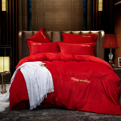 新款婚庆磨毛四件套大红色刺绣结婚六件套床上用品 1.8m床单款四件套 新婚快乐