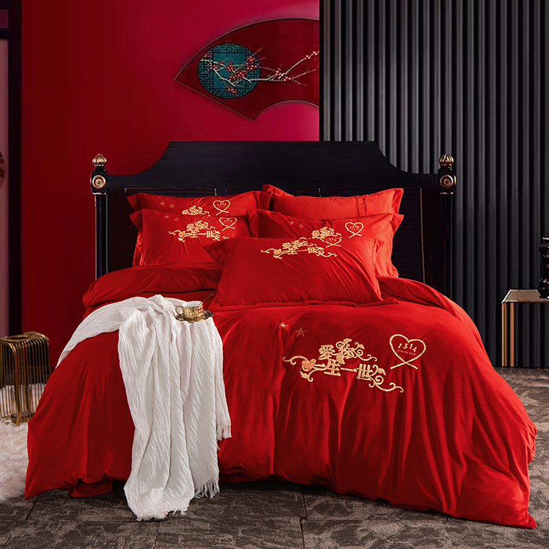 新款婚庆磨毛四件套大红色刺绣结婚六件套床上用品 1.8m床单款四件套 一生一世