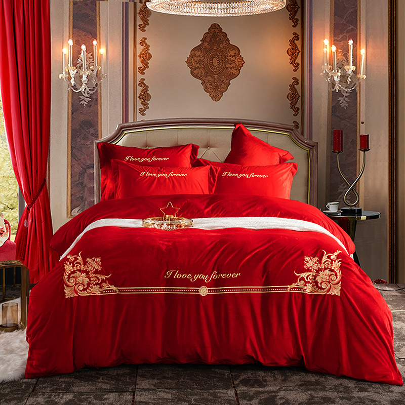 新款婚庆磨毛四件套大红色刺绣结婚六件套床上用品 1.8m床单款四件套 永远爱你