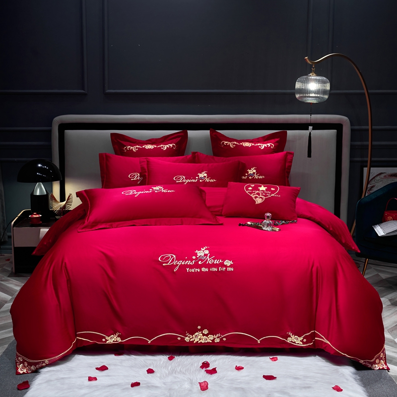 新款婚庆四件套大红色刺绣花结婚床上用品喜庆婚礼 2.0m床单款四件套 玫瑰情缘