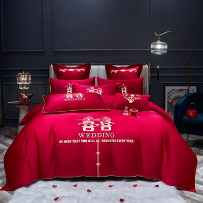 新款婚庆四件套大红色刺绣花结婚床上用品喜庆婚礼 2.0m床单款四件套 双喜情缘