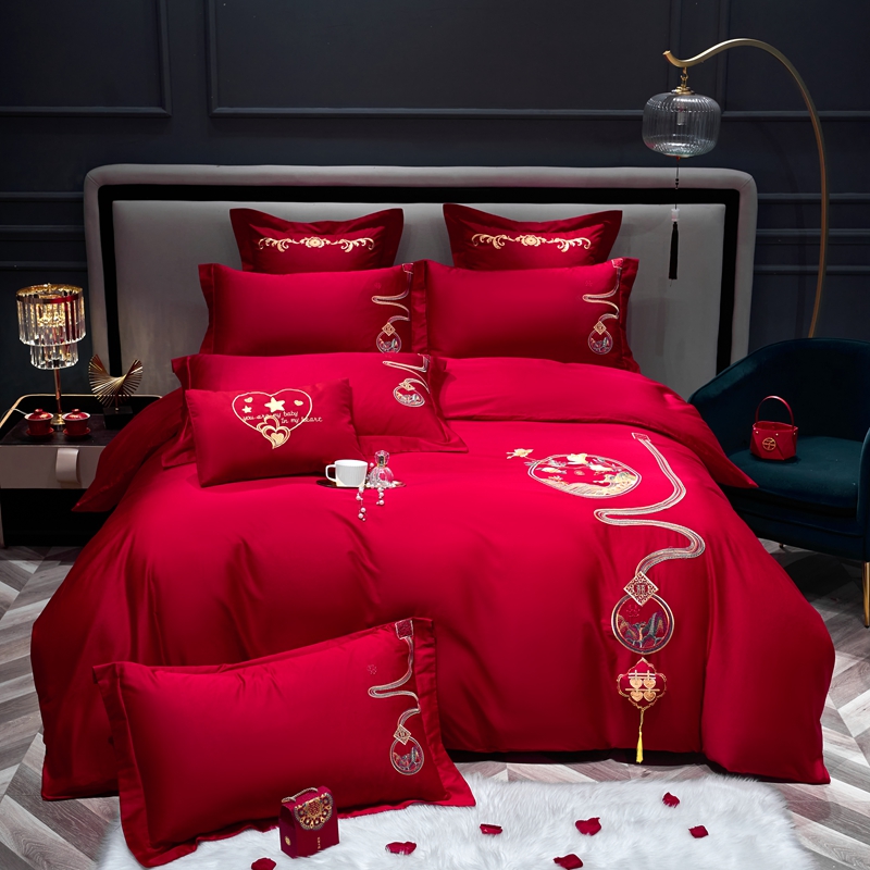新款婚庆四件套大红色刺绣花结婚床上用品喜庆婚礼 2.0m床单款四件套 幸福如意