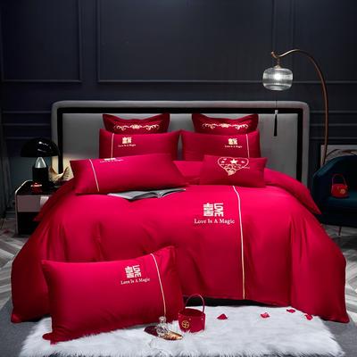 新款婚庆四件套大红色刺绣花结婚床上用品喜庆婚礼 2.0m床单款四件套 一见钟情