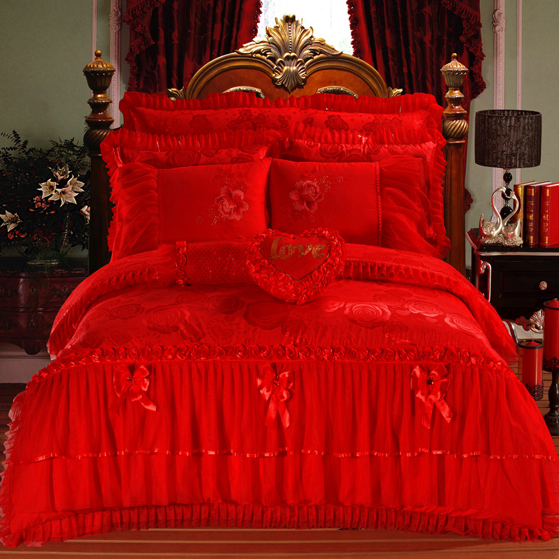 2023新款蕾丝婚庆四件套结婚床品大红粉色-花型（总） 1.8m（6英尺）床 牡丹佳人-大红色
