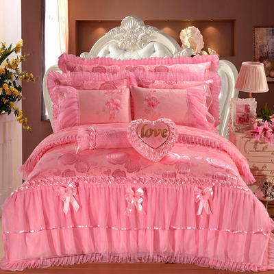 2023新款蕾丝婚庆四件套结婚床品大红粉色-花型（总） 1.8m（6英尺）床 牡丹佳人-粉色