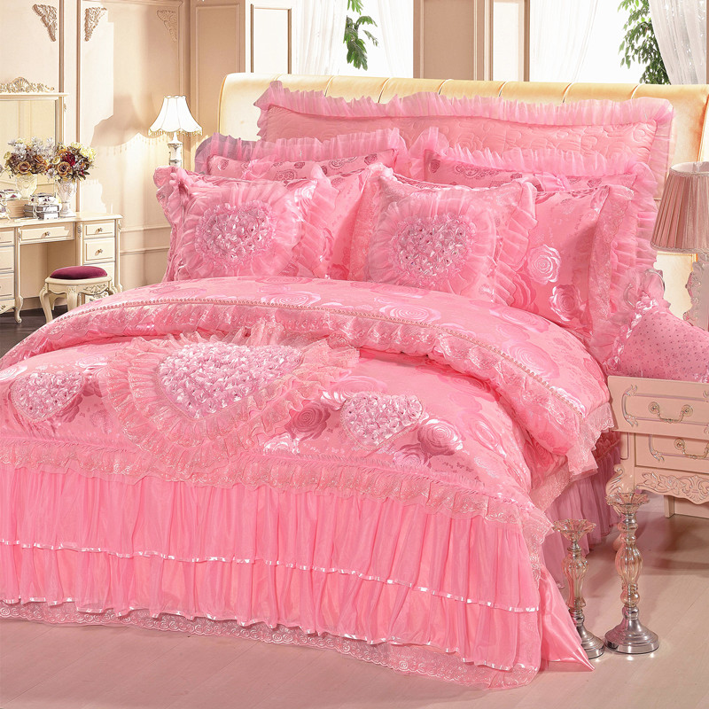 2023新款蕾丝婚庆四件套结婚床品大红粉色-花型（总） 1.8m（6英尺）床 钟爱一生-粉色