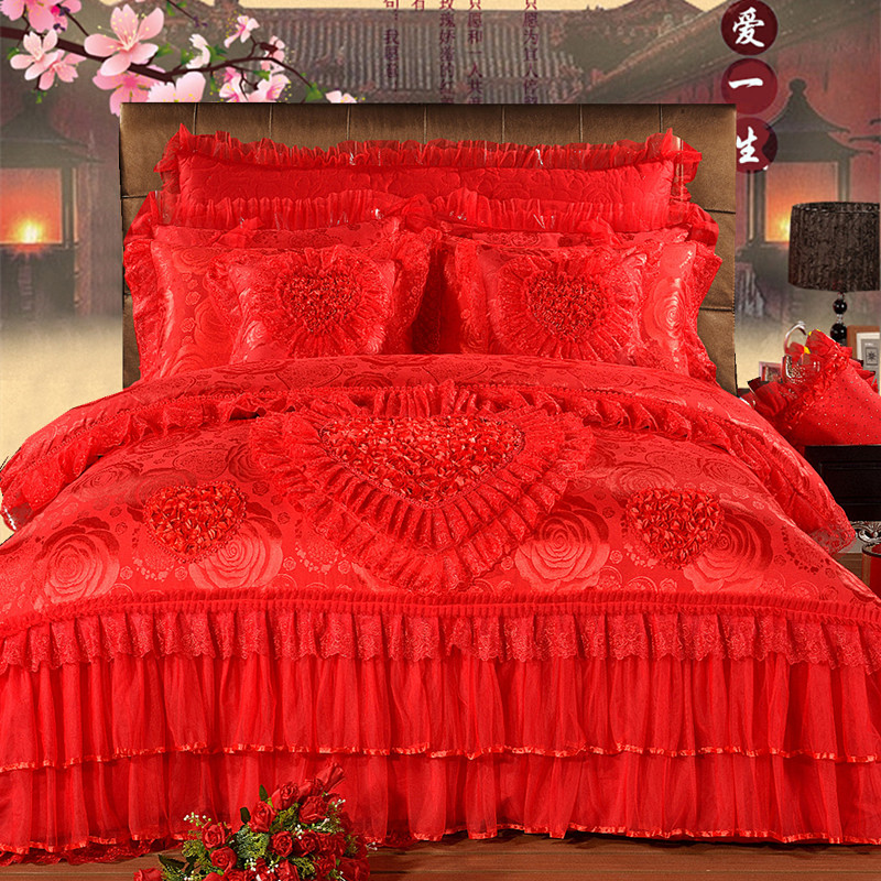2023新款蕾丝婚庆四件套结婚床品大红粉色-花型（总） 1.8m（6英尺）床 钟爱一生-大红