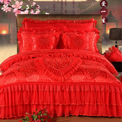 2023新款蕾丝婚庆四件套结婚床品大红粉色-花型（总） 1.8m（6英尺）床 钟爱一生-大红