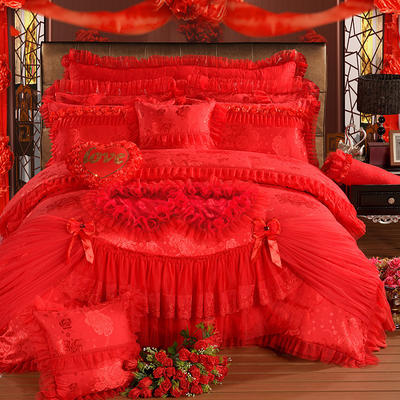 2023新款蕾丝婚庆四件套结婚床品大红粉色-花型（总） 1.8m（6英尺）床 甜蜜爱恋-大红