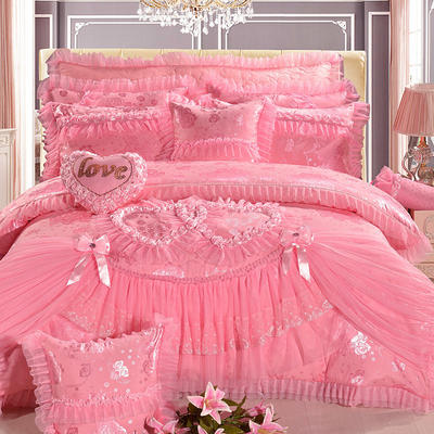 2023新款蕾丝婚庆四件套结婚床品大红粉色-花型（总） 1.8m（6英尺）床 甜蜜爱恋-粉色