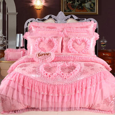 2023新款蕾丝婚庆四件套结婚床品大红粉色-花型（总） 1.8m（6英尺）床 心心相印-粉色