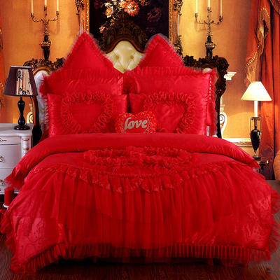 2023新款蕾丝婚庆四件套结婚床品大红粉色-花型（总） 1.8m（6英尺）床 心心相印-大红