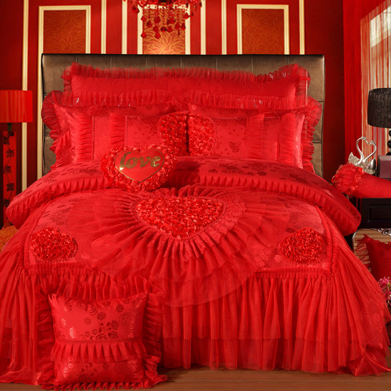 2023新款蕾丝婚庆四件套结婚床品大红粉色-花型（总） 1.8m（6英尺）床 一生一世-大红