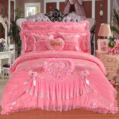 2023新款蕾丝婚庆四件套结婚床品大红粉色-花型（总） 1.8m（6英尺）床 百年好合-粉色