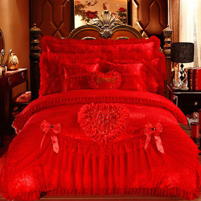 2023新款蕾丝婚庆四件套结婚床品大红粉色-花型（总） 1.8m（6英尺）床 百年好合-大红