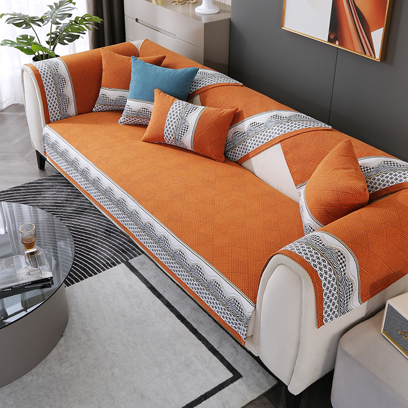 2024新款四季通用拼接艺术时尚雪尼尔沙发垫--3355浪花系列 70X70cm 活力橙