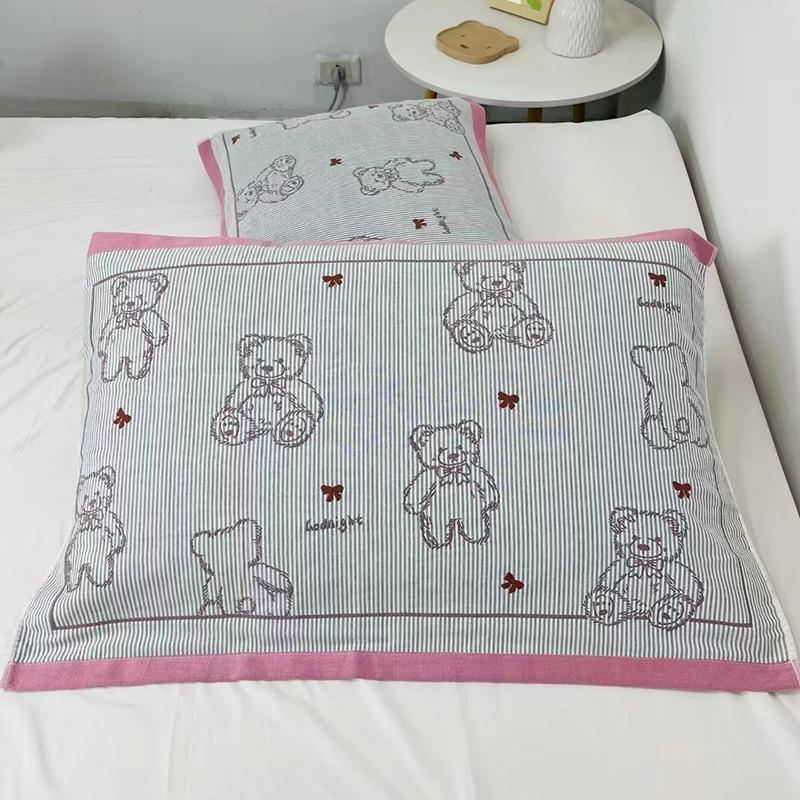 新款多层细纱枕巾 53*78cm/对 坐熊-粉