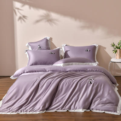 新款纯色A类兰精天丝刺绣四件套-萌宠系列 1.8m床单款四件套 萌宠-优雅紫/米白