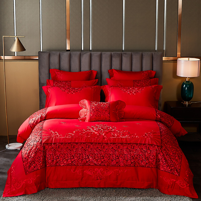 60s长绒棉婚庆刺绣多件套系列 标准六件套床单式 浪漫花都 红