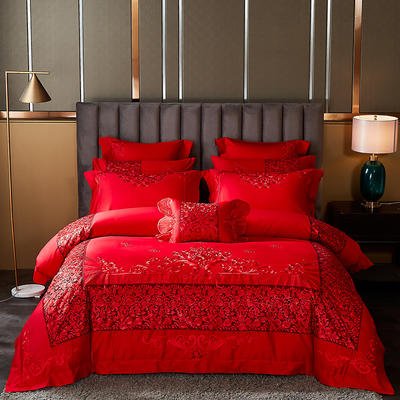 60s长绒棉婚庆刺绣多件套系列 标准六件套床单式 浪漫花都 红