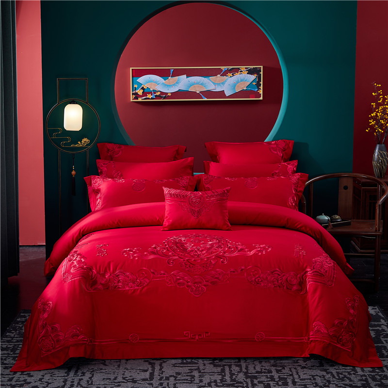 2021新款100S全棉刺绣系列多件套 1.5-1.8m标准床单款六件套 吉祥如意-红
