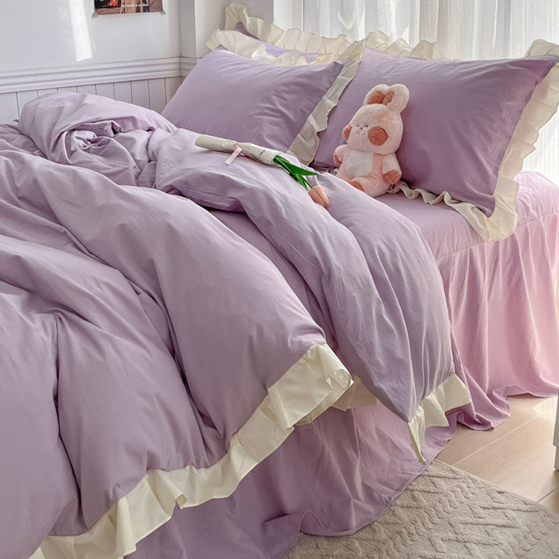 2024新款小清新温柔公主风水洗棉床裙床上四件套宿舍三件套 1.5m床单款四件套 花边纯色-奶紫