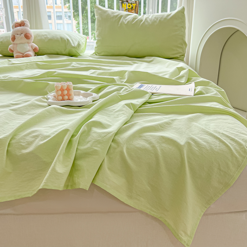 2024新款简约格子纯色水洗棉床单单件宿舍被单三件套 160*230cm 果绿