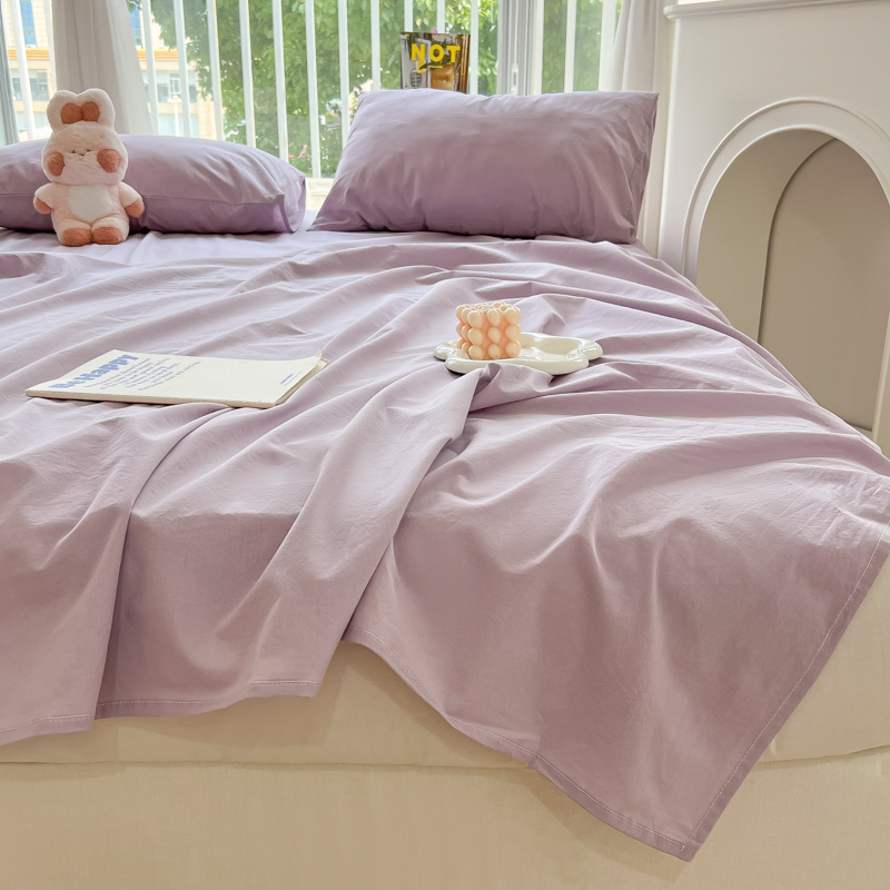 2024新款简约格子纯色水洗棉床单单件宿舍被单三件套 160*230cm 奶紫