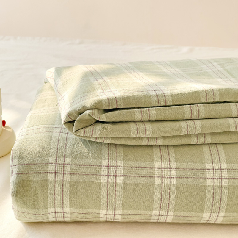 2024新款日系奶油风水洗棉床笠单件全包围床罩席梦思床垫保护套 160x230cm单床单 三分格绿