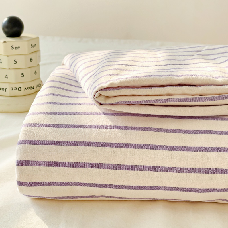 2024新款日系奶油风水洗棉床笠单件全包围床罩席梦思床垫保护套 160x230cm单床单 条纹-紫