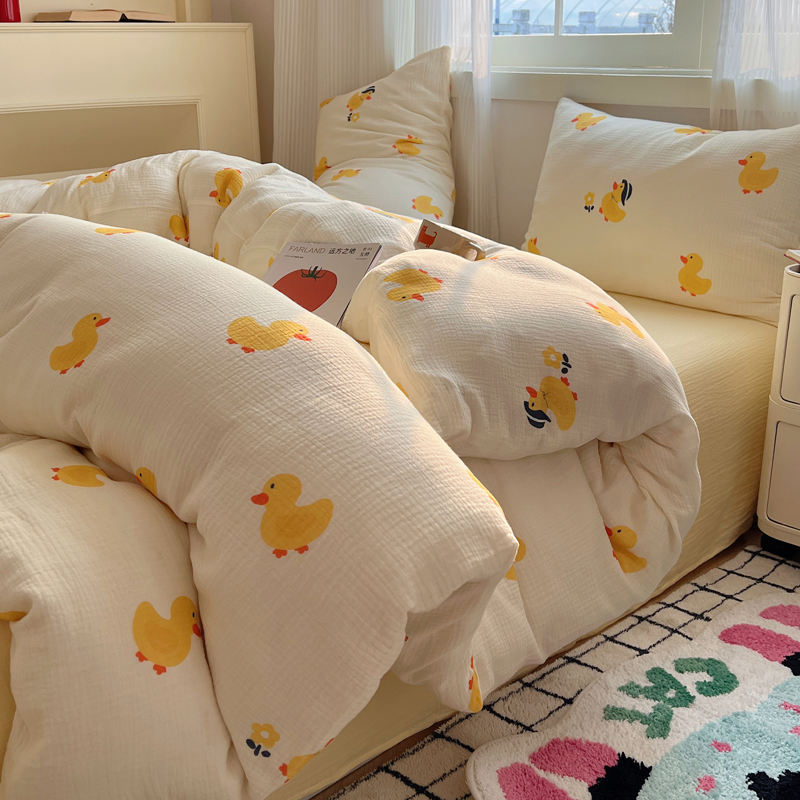 2024新款A类母婴级水洗棉床上用品四件套卡通儿童床单被套宿舍三件套 1.2床单三件套-被套150x200 快乐小鸭