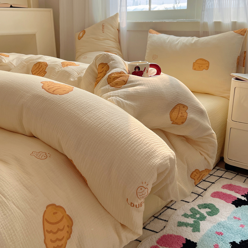 2024新款A类母婴级水洗棉床上用品四件套卡通儿童床单被套宿舍三件套 1.2床单三件套-被套150x200 小鱼多多