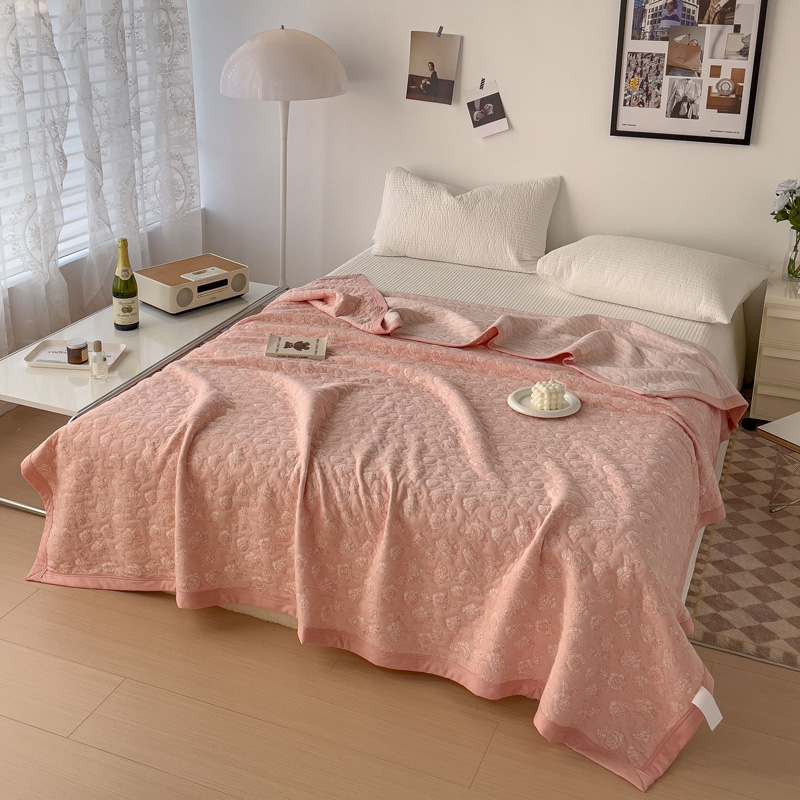 2023新款A类全棉针织提花夏被多功能盖毯 200*230cm 粉色玫瑰