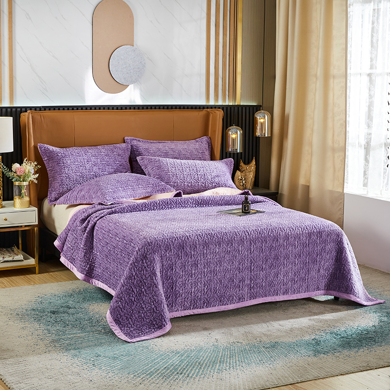2023新款冬季色织绗缝床盖榻榻米垫子牛奶绒毛毯 48*74cm枕套/对 水纹-紫色