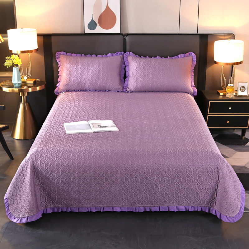 2023新款双层夹棉床盖柔丝缎柔软舒适四季加厚床单 150*230单床盖 柔丝缎-紫色