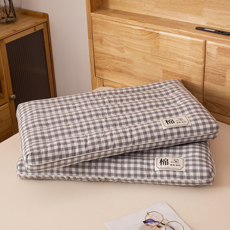 2023新款水洗棉格子枕枕头枕芯 灰色/对 高枕