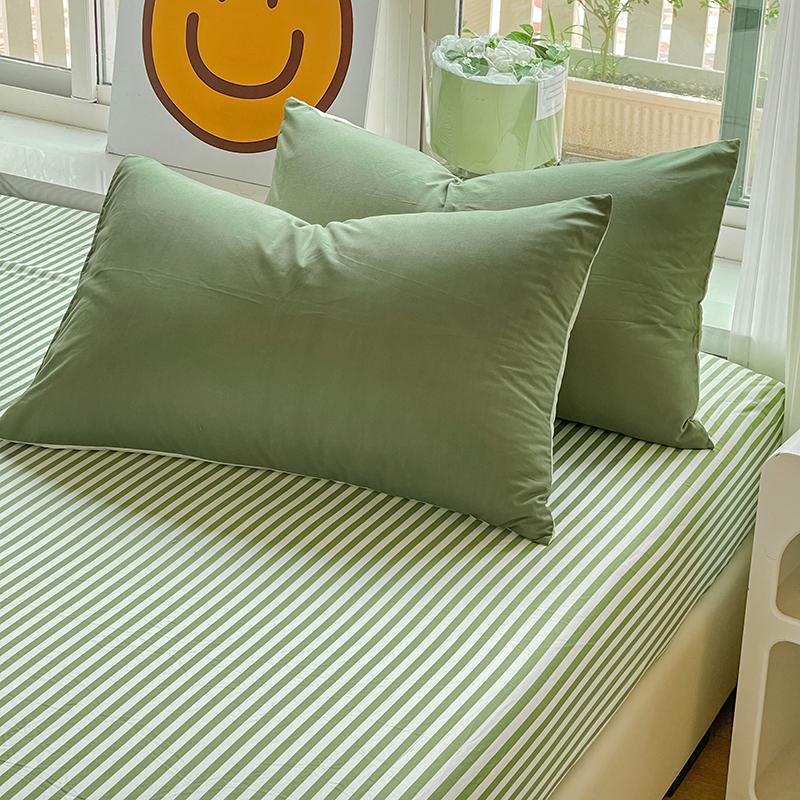 2023新款简约纯色磨毛单枕套 磨毛枕套一个 条纹绿