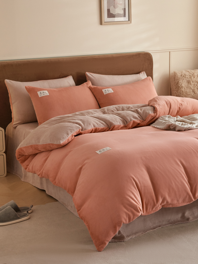 2024新款牛奶绒素色双拼四件套--【暖茶系列】