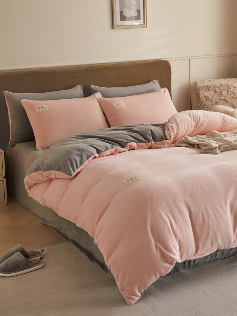 2024新款牛奶绒素色双拼四件套--【暖茶系列】