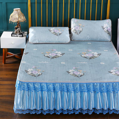 新品印花床裙【可脱卸】 蕾丝花边床裙式可水洗冰丝席 凉席 席子 1.8m（6英尺）床 暗香 蓝