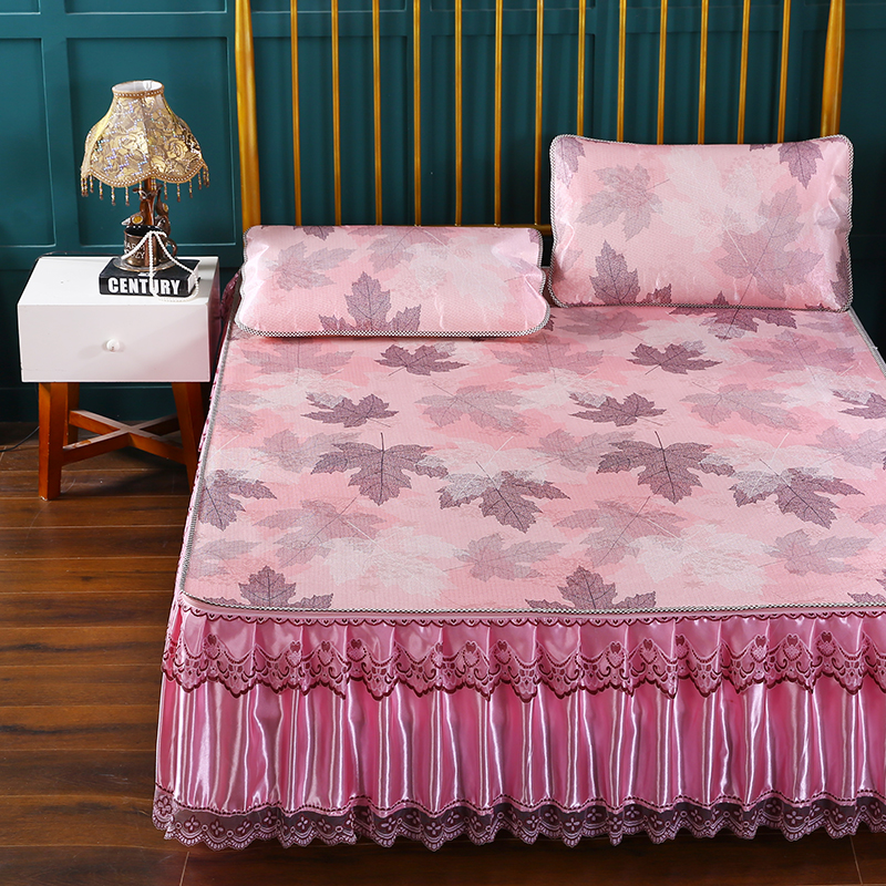 新品印花床裙【可脱卸】 蕾丝花边床裙式可水洗冰丝席 凉席 席子 1.8m（6英尺）床 枫叶 粉