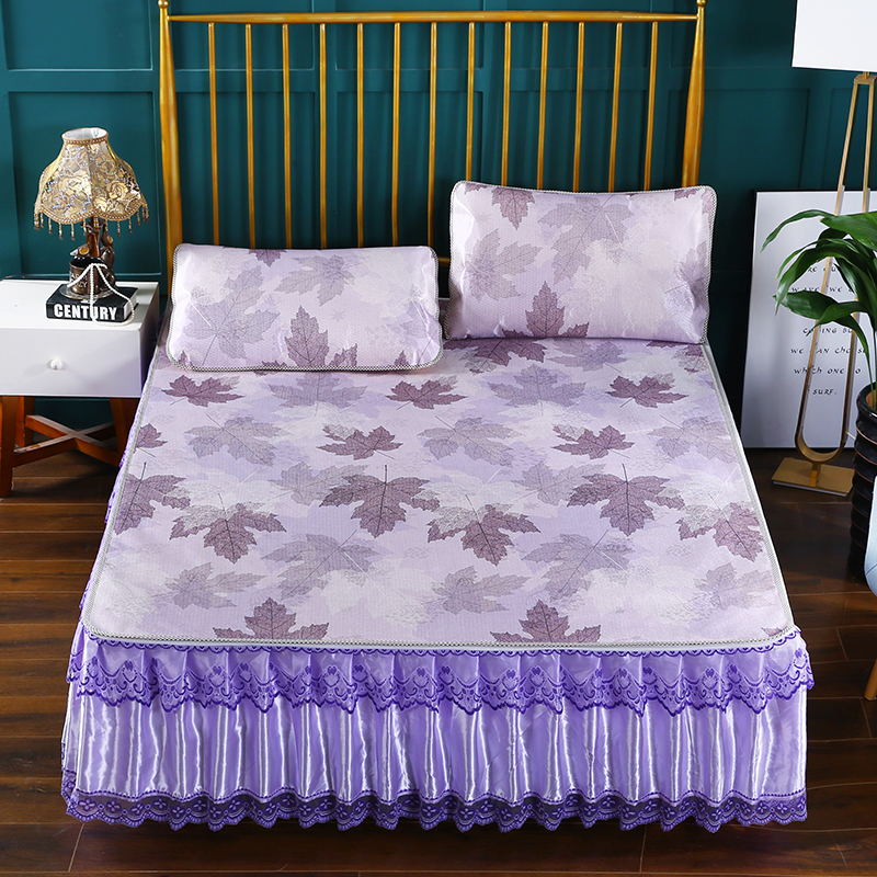 新品印花床裙【可脱卸】 蕾丝花边床裙式可水洗冰丝席 凉席 席子 1.8m（6英尺）床 枫叶 紫