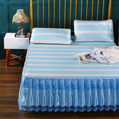 新品印花床裙【可脱卸】 蕾丝花边床裙式可水洗冰丝席 凉席 席子 1.8m（6英尺）床 条纹 浅蓝