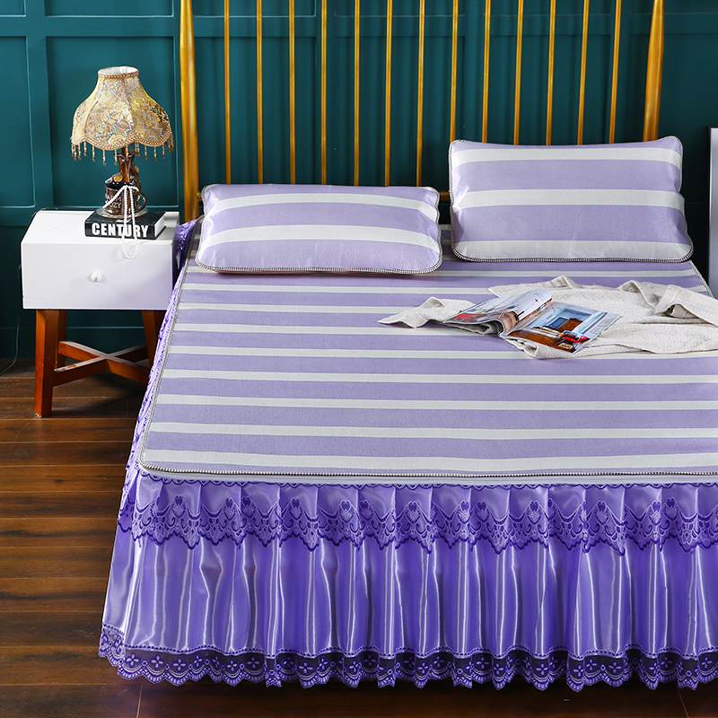 新品印花床裙【可脱卸】 蕾丝花边床裙式可水洗冰丝席 凉席 席子 1.8m（6英尺）床 条纹 紫