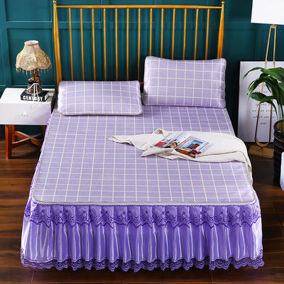 新品印花床裙【可脱卸】 蕾丝花边床裙式可水洗冰丝席 凉席 席子 1.8m（6英尺）床 格子 紫