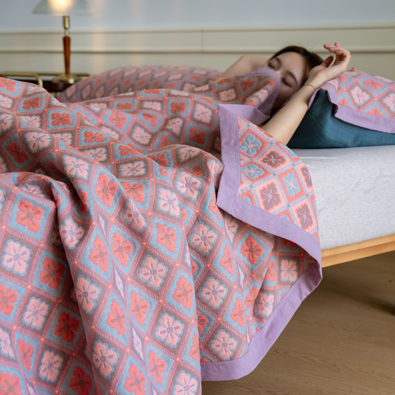 2024新款全棉三层纱毛巾被夏被多功能纱布毯可做床盖 150x200cm 单被 格韵粉