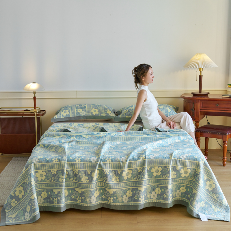 2024新款全棉三层纱毛巾被夏被多功能纱布毯可做床盖 150x200cm 单被 花颂绿