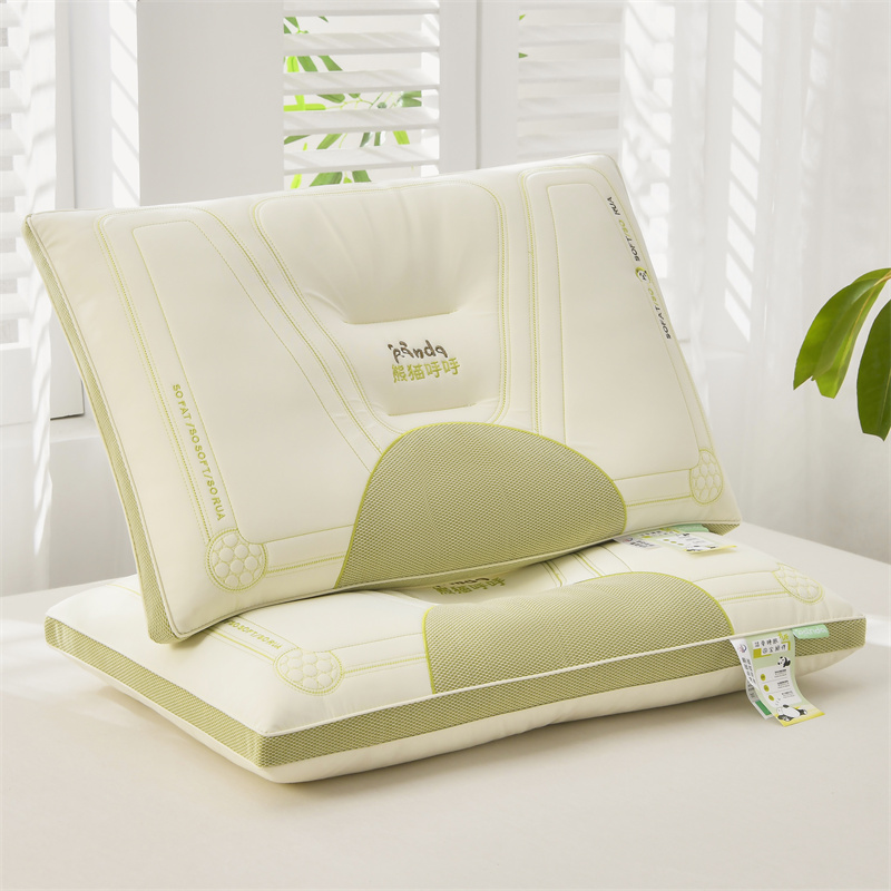 2024新款熊猫呼呼乳胶舒适枕枕头枕芯 48x74cm/只 熊猫呼呼-绿中枕